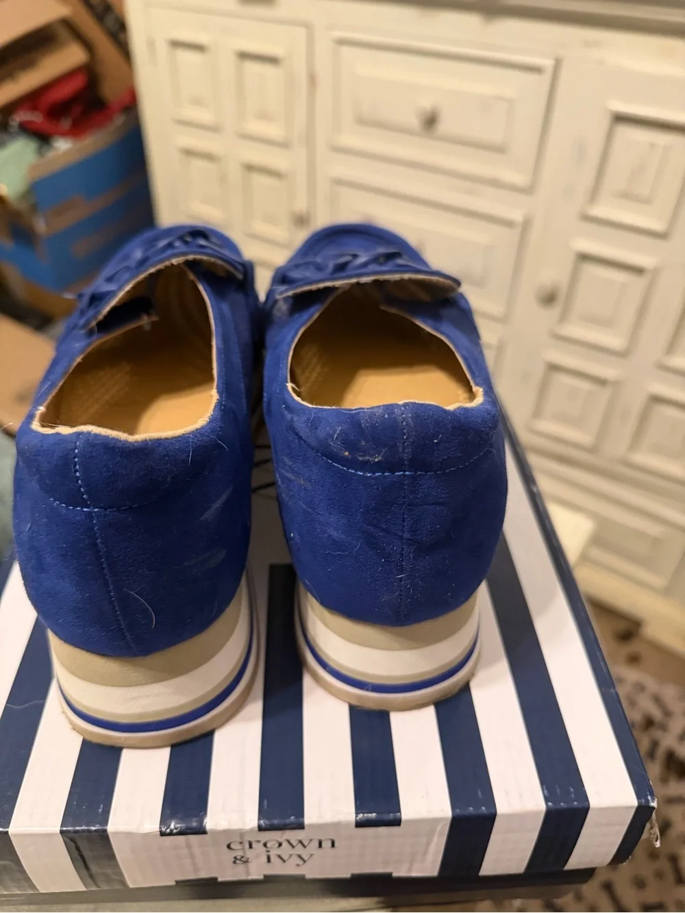 crown & ivy Royal Blue Platform Loafers with Chain Accent